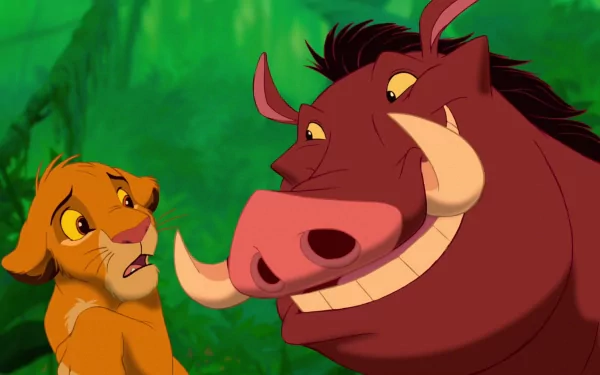 HD wallpaper of Simba and Pumbaa from The Lion King (1994), with a vivid green background.