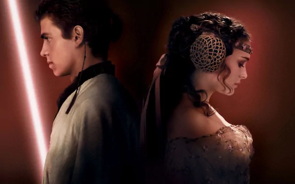 A visually striking HD wallpaper featuring Anakin Skywalker and Padmé Amidala from Star Wars Episode II: Attack Of The Clones, set against a dramatic background.