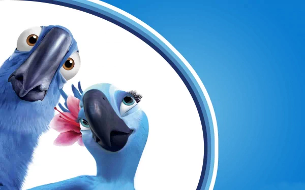 HD desktop wallpaper featuring two animated blue macaw characters from the movie Rio against a blue background.