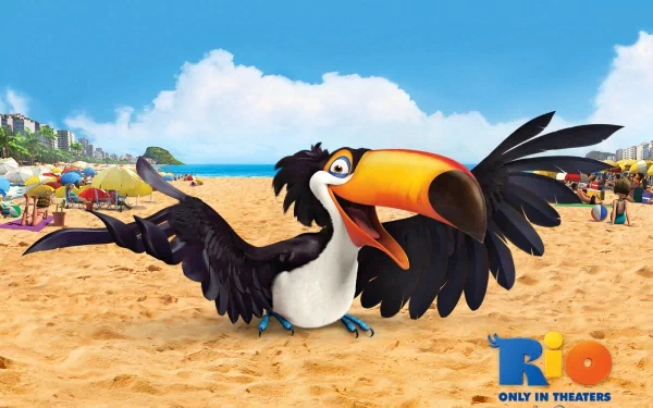 HD desktop wallpaper of Rio featuring the animated character Blu on a sunny beach with the cityscape in the background.