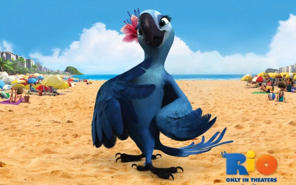 HD desktop wallpaper of a blue macaw from the animated movie Rio on a sunny beach background.