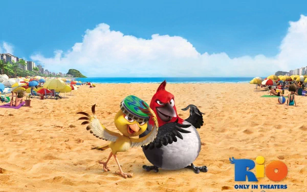 HD desktop wallpaper of Rio with animated birds on a sunny beach, promoting the movie with vibrant background scenes.