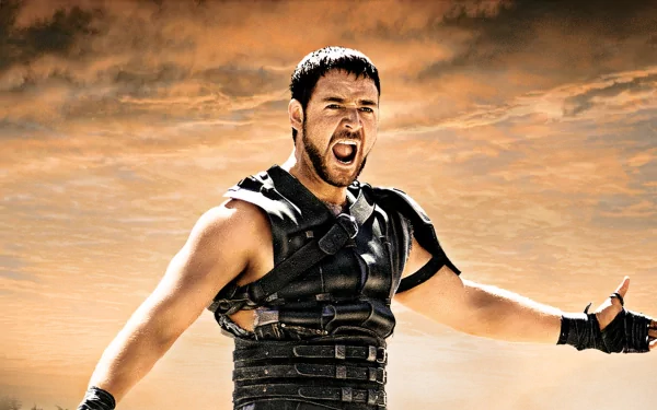 HD wallpaper featuring a gladiator with arms outstretched and shouting, set against a dramatic cloudy sky background.