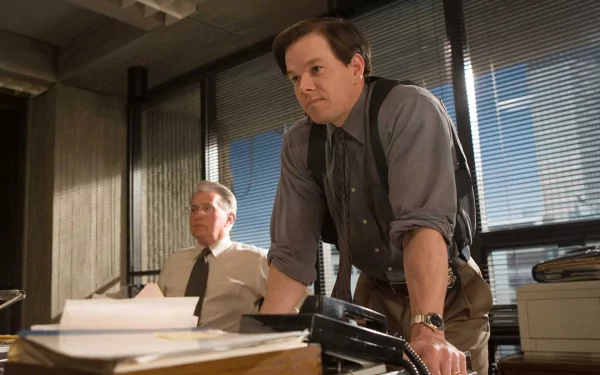 Mark Wahlberg in a scene from the movie *The Departed*, featuring a tense moment in an office setting. This HD wallpaper captures the film's gripping atmosphere.