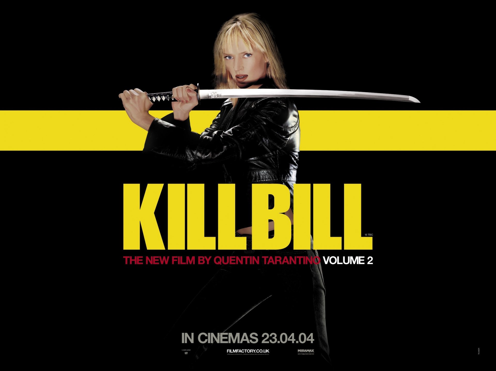 HD desktop wallpaper of Kill Bill: Vol. 2 featuring a character with a sword on a striking yellow and black background.