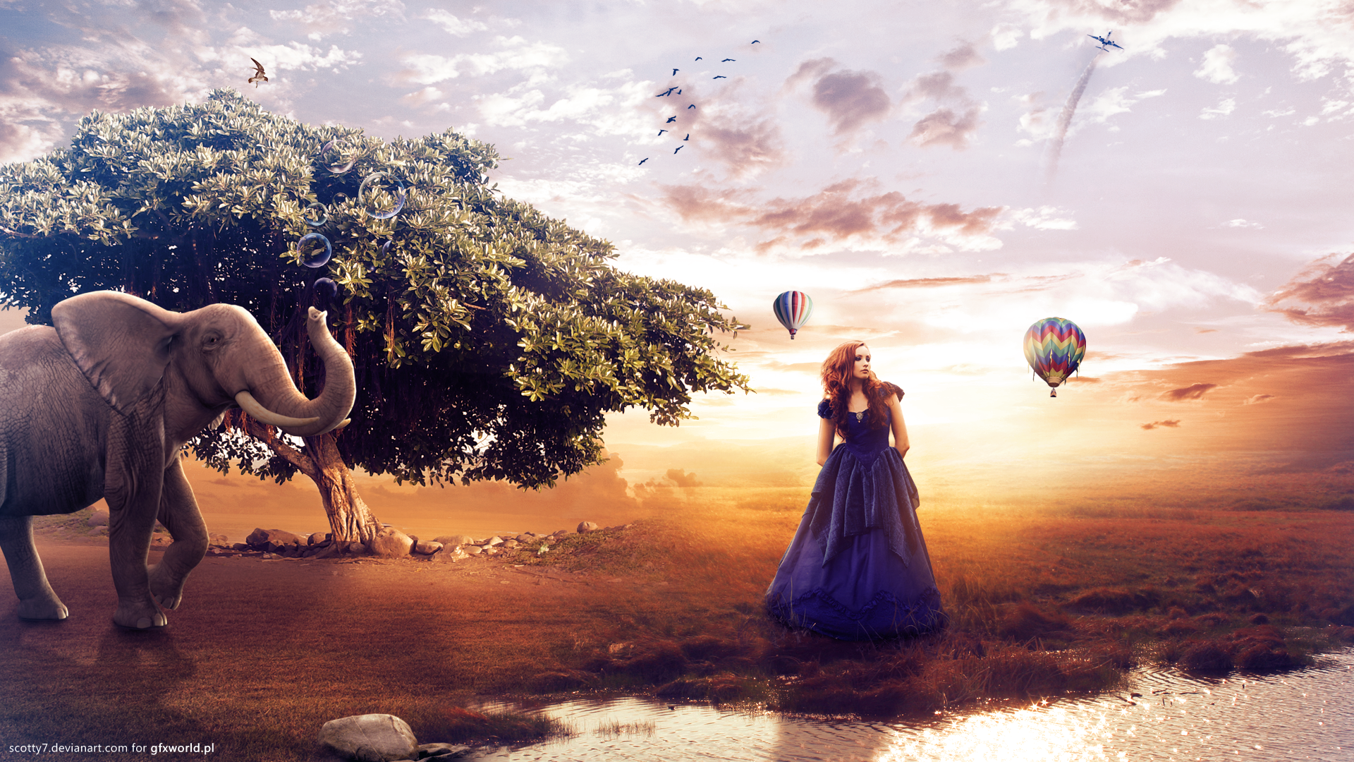 Fantasy-themed HD PC desktop wallpaper featuring a woman in a flowing dress standing near an elephant, under a large tree with hot air balloons floating in a colorful sky.