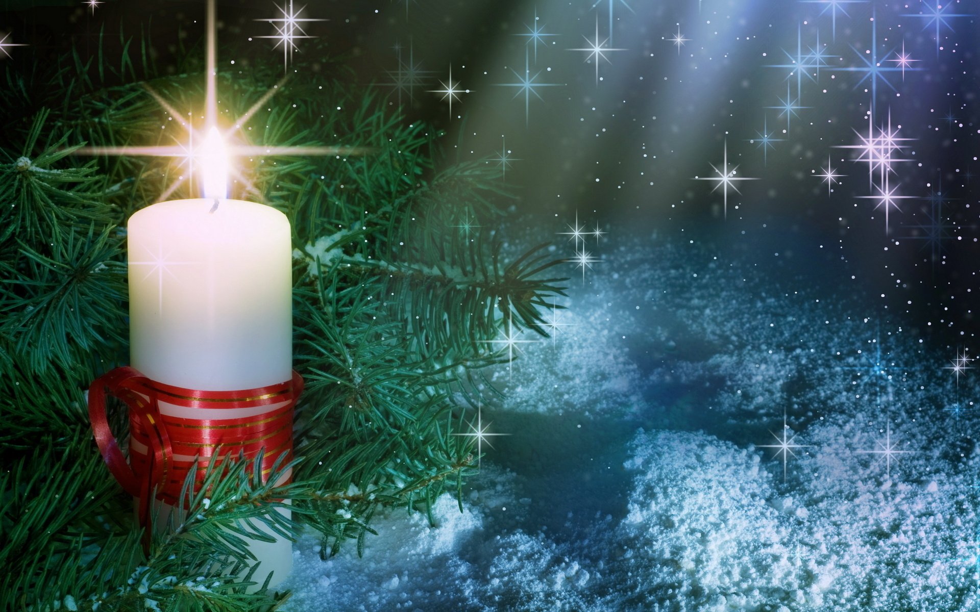 HD Christmas wallpaper featuring a glowing candle in a red holder nestled in pine branches, with snow and twinkling stars in the background.