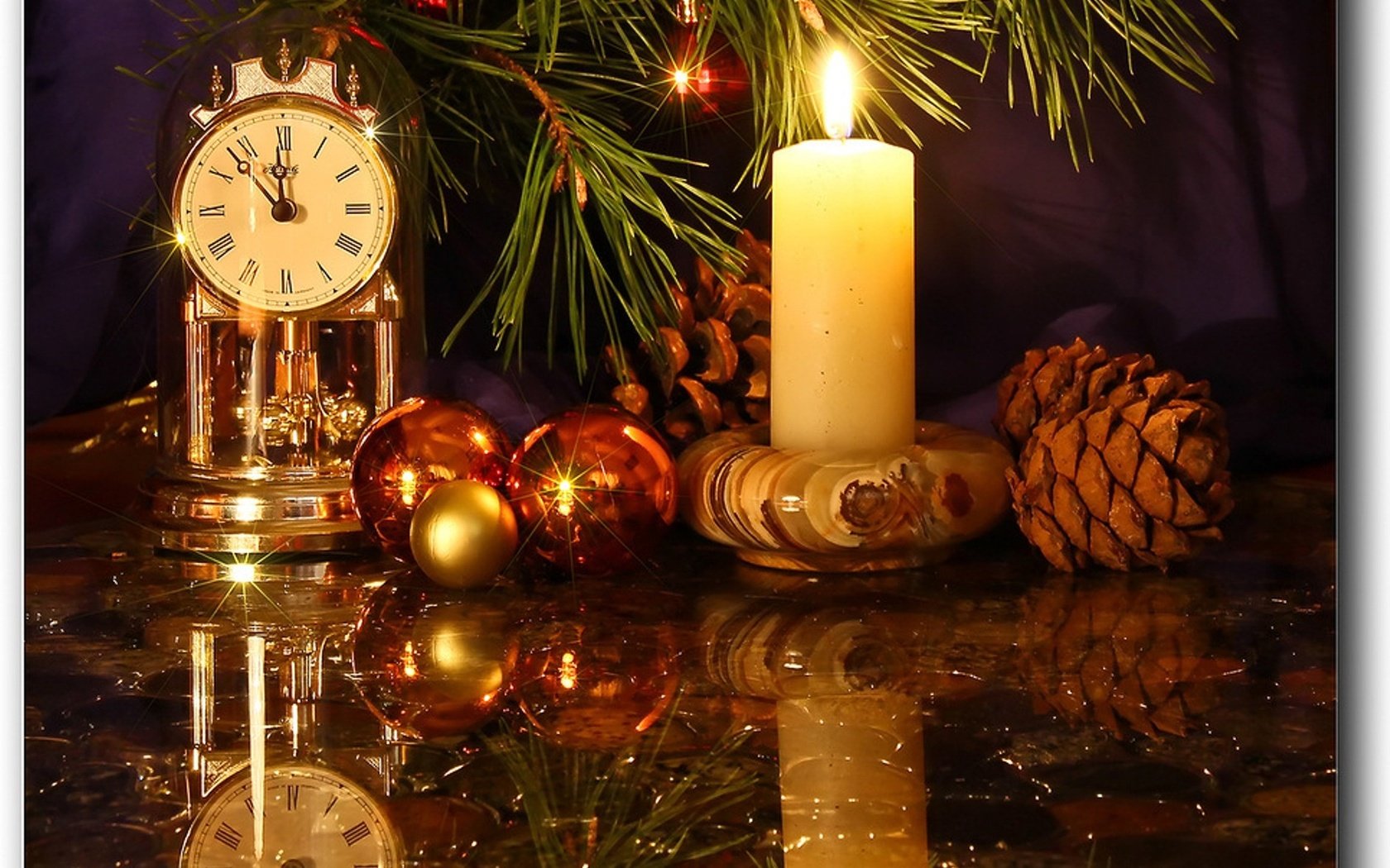 A warm holiday scene featuring a candle, Christmas ornaments, and pinecones, beautifully reflecting on a shiny surface, evoking a cozy Christmas atmosphere.