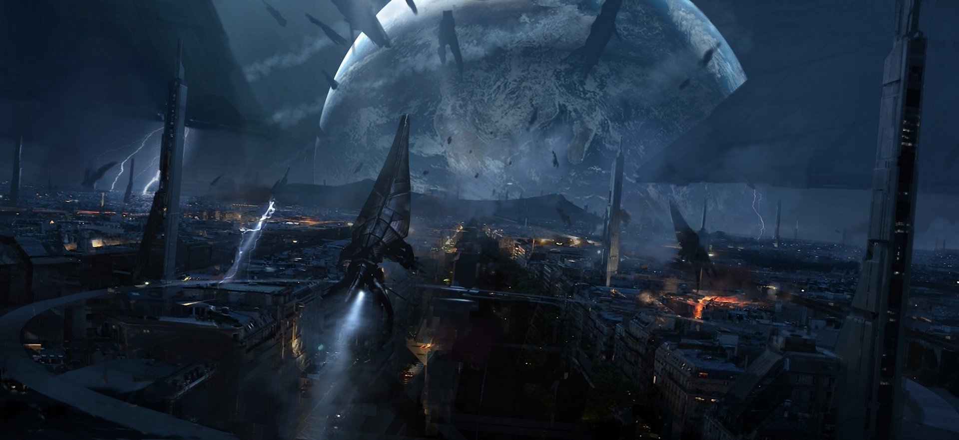 HD PC desktop wallpaper featuring a dark, atmospheric scene from the video game Mass Effect 3 with futuristic structures and a large, curved space station overhead.