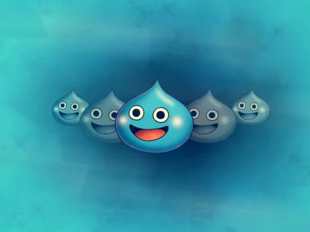 HD desktop wallpaper featuring blue slime characters from Dragon Quest on a textured blue background.