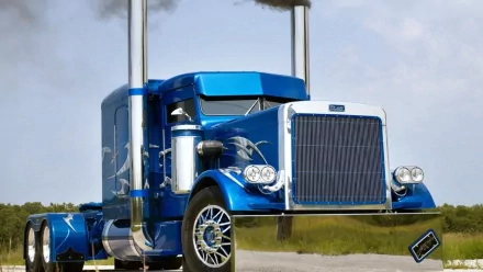HD PC desktop wallpaper background: blue Peterbilt vehicle — classic semi truck with chrome stacks, custom wheels and grille parked beside a rural road.