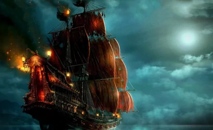 A majestic fantasy ship burns brightly against a dramatic night sky, with vibrant sails and an ethereal moon, creating an enchanting HD desktop wallpaper and background.