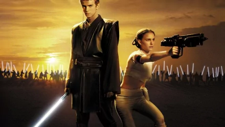 HD wallpaper from Star Wars Episode II featuring Anakin Skywalker with a blue lightsaber and Padmé Amidala holding a gun.