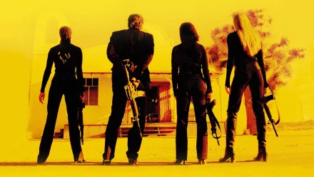 HD desktop wallpaper featuring silhouettes of the main characters from Kill Bill: Vol. 2 against a yellow background.