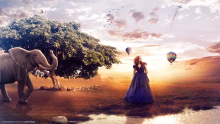 Fantasy-themed HD PC desktop wallpaper featuring a woman in a flowing dress standing near an elephant, under a large tree with hot air balloons floating in a colorful sky.