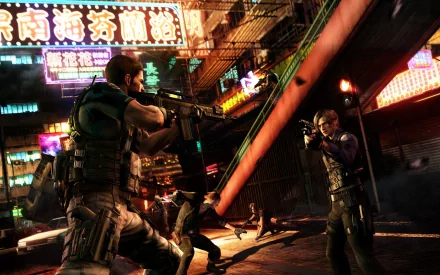 A vibrant HD PC desktop wallpaper featuring intense action from Resident Evil 6, showcasing characters in a neon-lit urban environment during a thrilling moment.