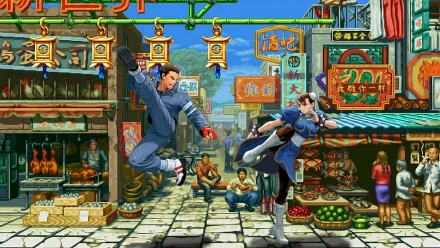 Dynamic action scene from Street Fighter II: The World Warrior, featuring two fighters battling in a vibrant market backdrop, showcasing iconic characters and colorful signage. HD desktop wallpaper.