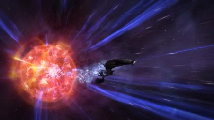 HD PC desktop wallpaper featuring the Normandy SR-2 spaceship from the video game Mass Effect 3 flying through a vibrant cosmic scene with a glowing star.