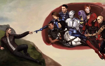 A vibrant HD wallpaper featuring Commander Shepard and key Mass Effect 3 characters, including Jack, Kasumi Goto, Kaidan Alenko, and Liara T'Soni, in a striking composition.