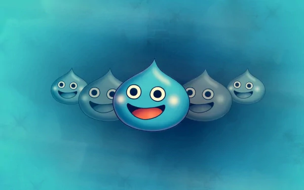 HD desktop wallpaper featuring blue slime characters from Dragon Quest on a textured blue background.