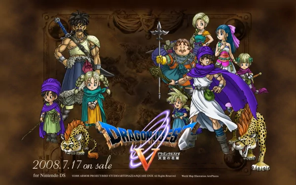 HD desktop wallpaper featuring characters from Dragon Quest V, with the game's logo and release date on a decorative background.