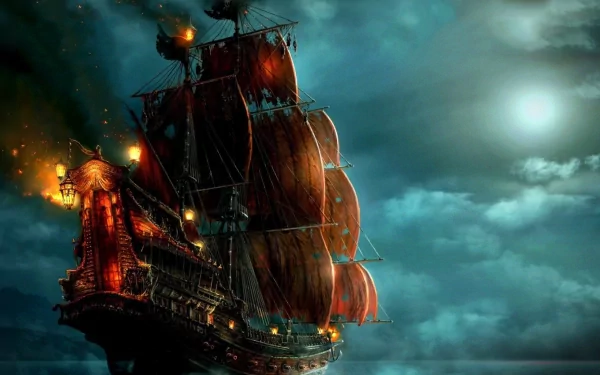 A majestic fantasy ship burns brightly against a dramatic night sky, with vibrant sails and an ethereal moon, creating an enchanting HD desktop wallpaper and background.
