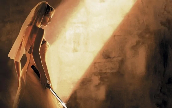 HD wallpaper of a bride from Kill Bill: Vol. 2 holding a sword, set against a dramatic light background.