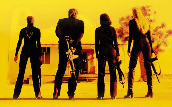HD desktop wallpaper featuring silhouettes of the main characters from Kill Bill: Vol. 2 against a yellow background.