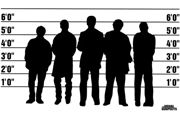 HD wallpaper featuring silhouetted figures from The Usual Suspects against a police lineup backdrop.