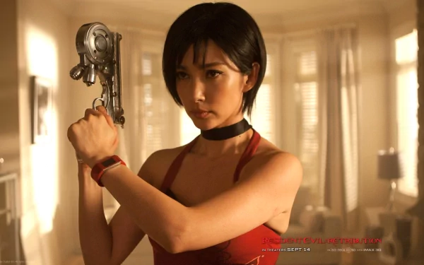 A high-definition desktop wallpaper from Resident Evil: Retribution, featuring a determined character wielding a gun in a brightly lit room.