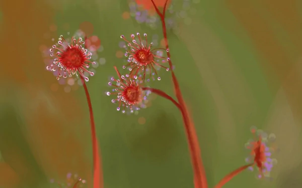 Close-up nature shot of sundew carnivorous plant with glistening dew on red tentacles, 2K Quad HD PC desktop wallpaper and background.