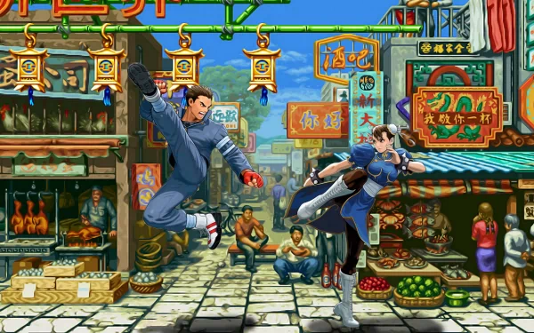 Dynamic action scene from Street Fighter II: The World Warrior, featuring two fighters battling in a vibrant market backdrop, showcasing iconic characters and colorful signage. HD desktop wallpaper.