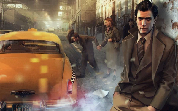 HD desktop wallpaper for the video game Mafia II, featuring a stylish man leaning against a wall with a vintage yellow taxi and bustling street scene in the background.