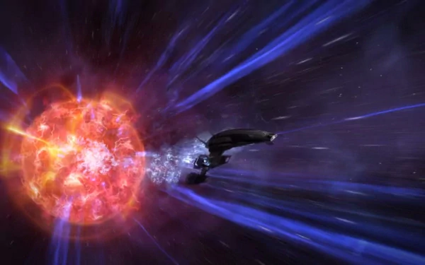 HD PC desktop wallpaper featuring the Normandy SR-2 spaceship from the video game Mass Effect 3 flying through a vibrant cosmic scene with a glowing star.