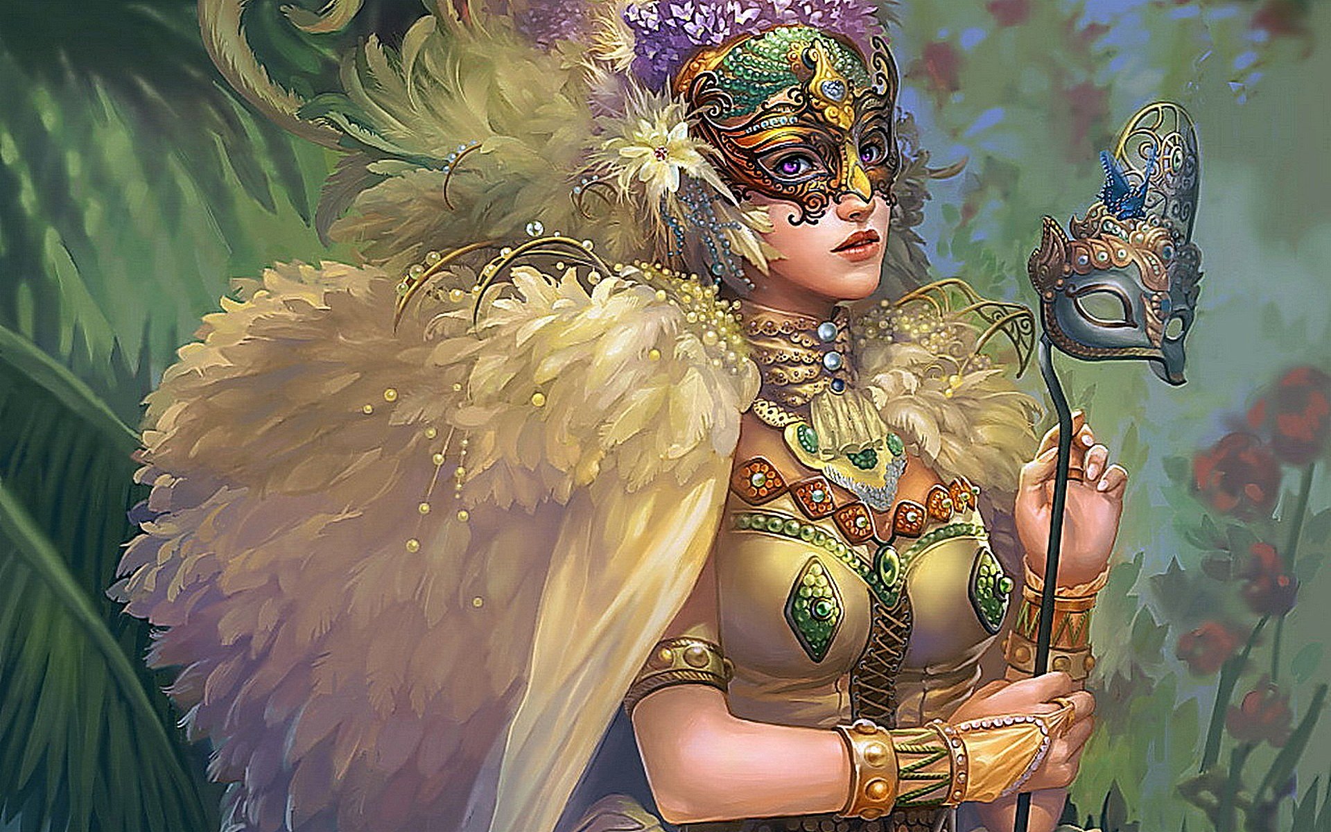 A fantasy-themed HD desktop wallpaper featuring a beautifully adorned angelic figure in a lush, vibrant setting, holding a decorative mask and exuding ethereal elegance.