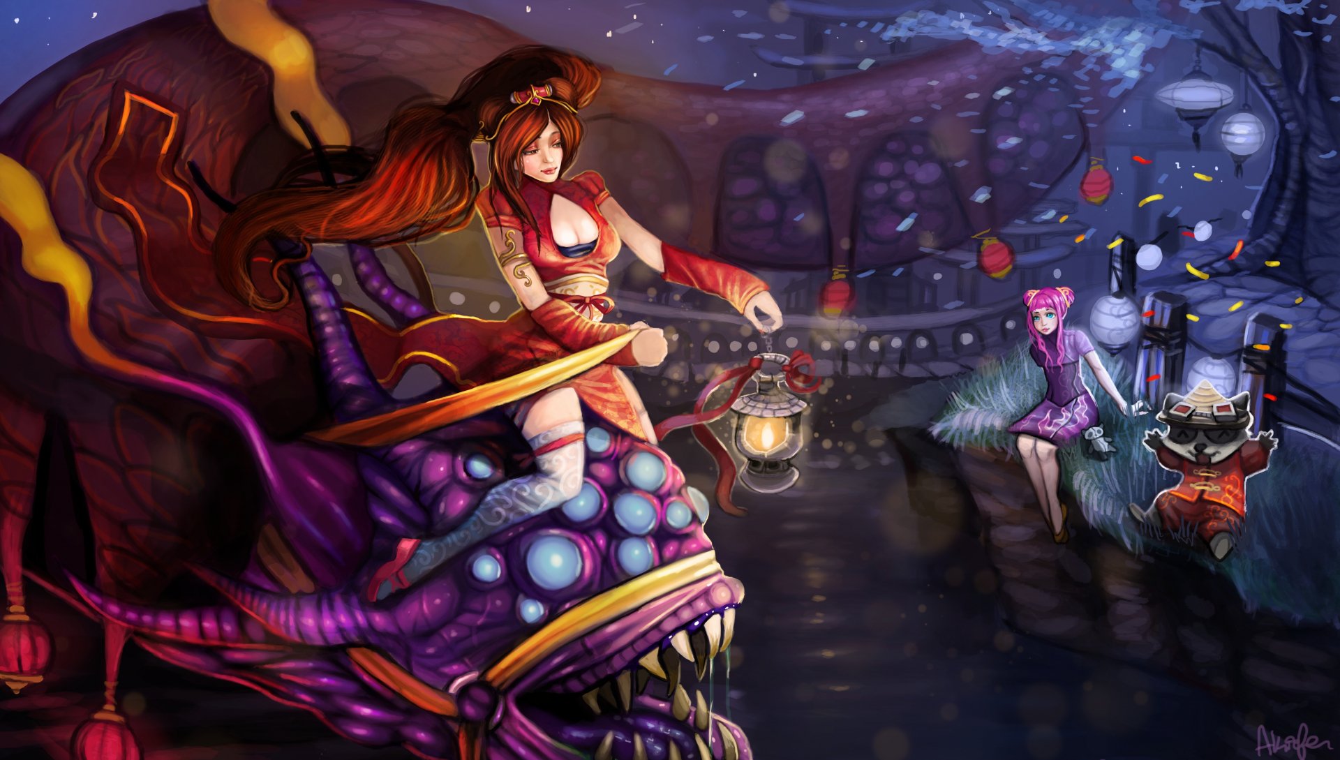 A colorful 4K Ultra HD image featuring Annie, Sona, and Teemo from League of Legends, set against a vibrant fantasy background with lanterns and a whimsical creature.