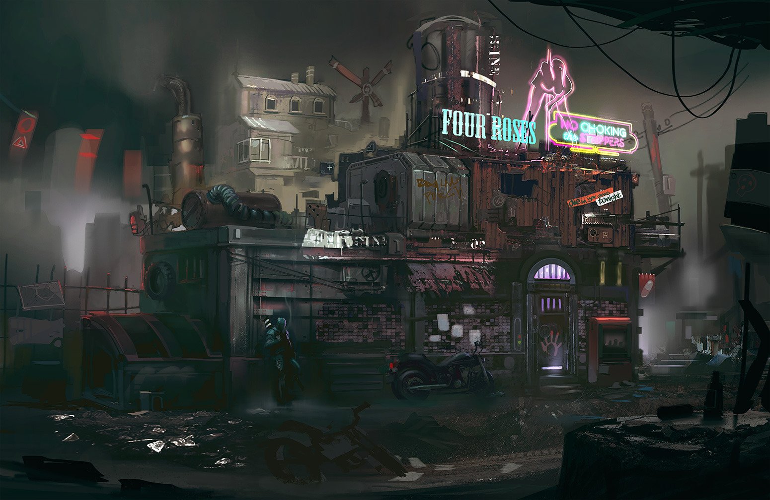 Futuristic sci-fi cityscape at night with neon signs and industrial structures, rendered in HD for a PC desktop wallpaper background.