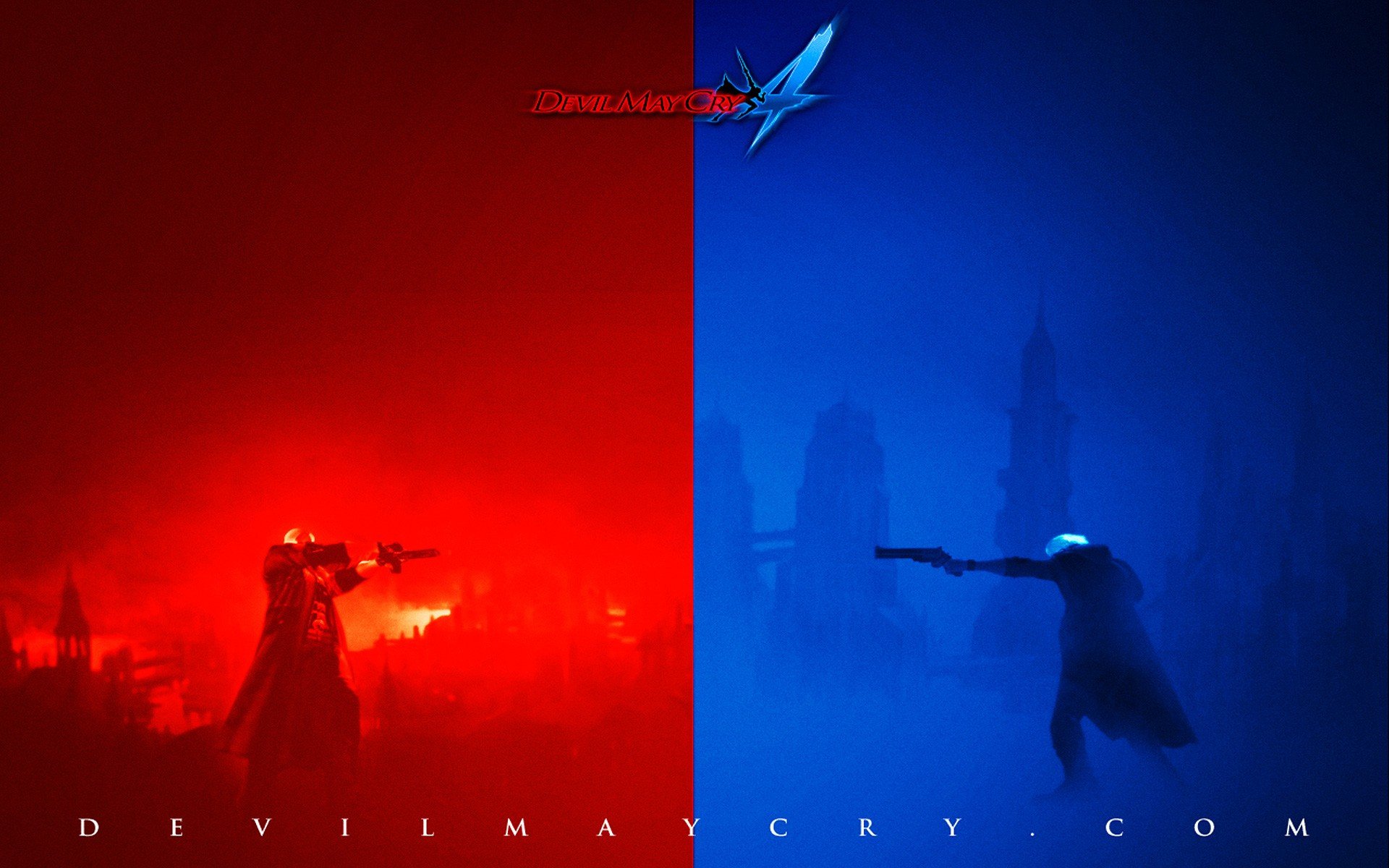 Dynamic HD wallpaper from Devil May Cry 4, featuring a striking split scene in red and blue, showcasing iconic characters in an atmospheric, action-packed setting.