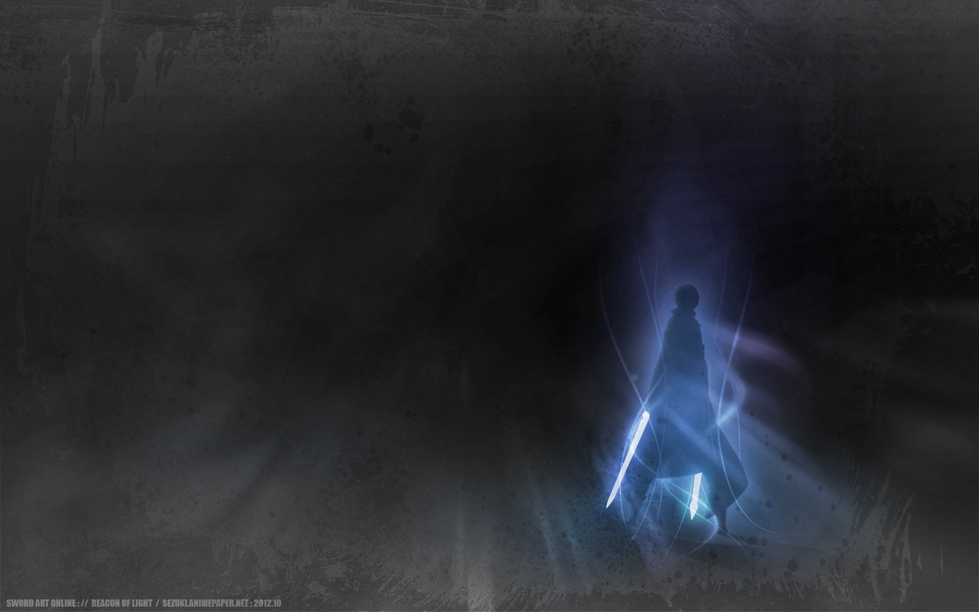 A high-definition desktop wallpaper featuring Kirito from Sword Art Online. The image showcases a dark, misty aura surrounding Kirito as he holds a glowing sword.