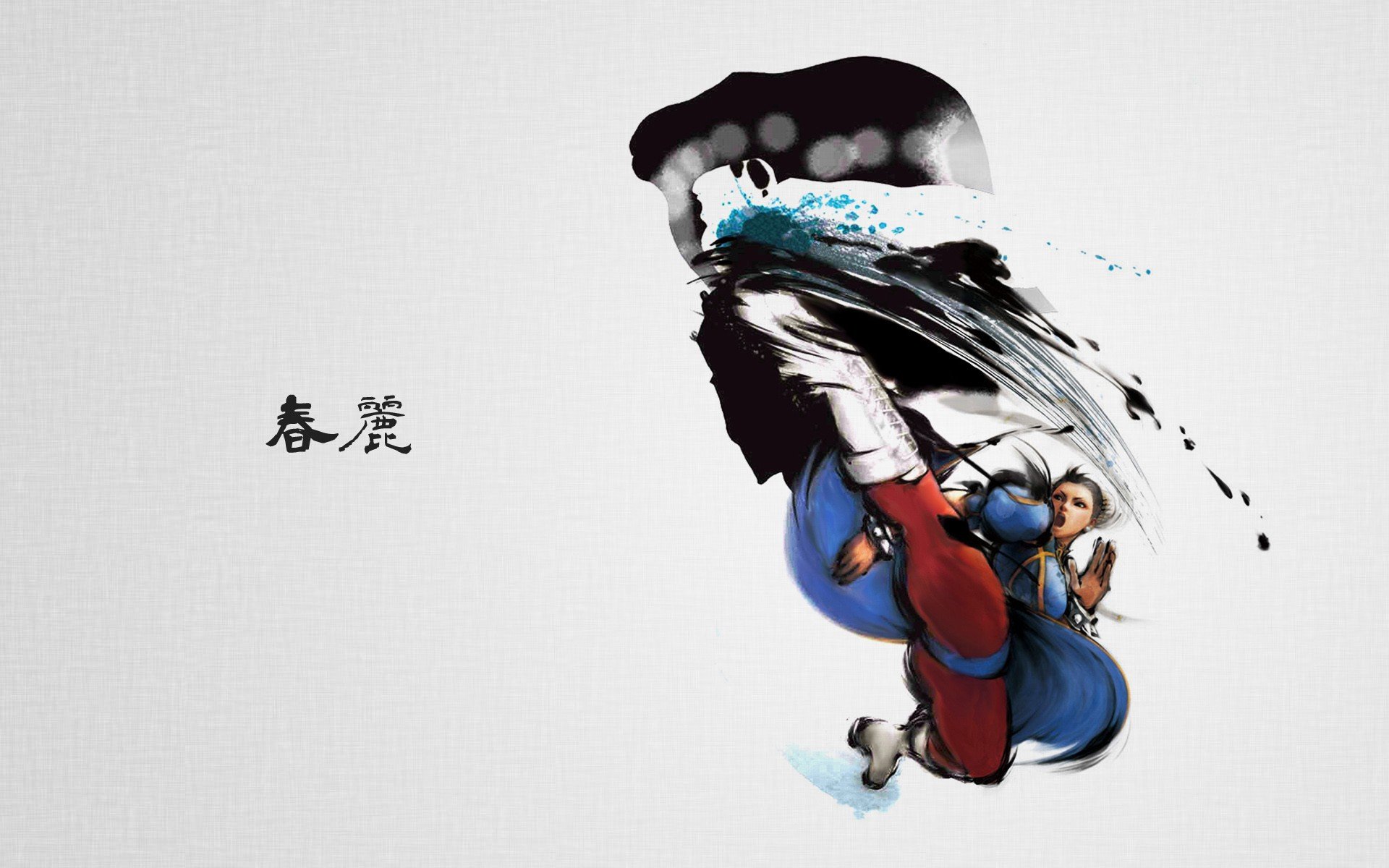 HD PC desktop wallpaper featuring Chun-Li from the Street Fighter video game series in a dynamic kicking pose with stylized brushstroke effects and Chinese characters.