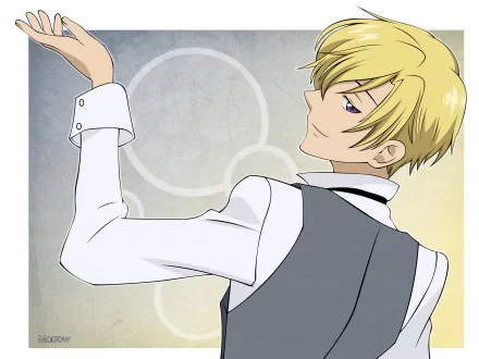 HD anime wallpaper featuring a blond character from Ouran High School Host Club in a gray vest and white shirt, posing with a confident expression against a muted background.