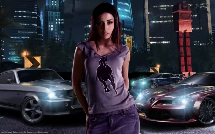A high-definition desktop wallpaper from Need for Speed: Carbon featuring a woman in casual attire with race cars set against a vibrant urban backdrop.