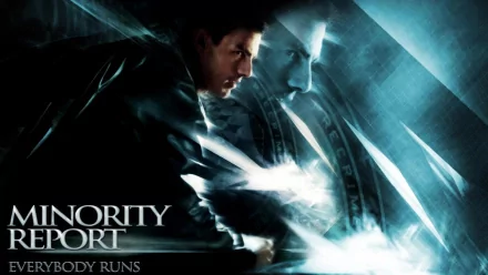HD desktop wallpaper of Minority Report with a dynamic image of the protagonist in action, underscored by the tagline Everybody Runs.