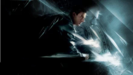 HD desktop wallpaper featuring a dramatic scene from Minority Report with a figure interacting with futuristic technology.