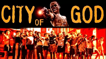 HD desktop wallpaper featuring City of God movie title and an expressive group of characters against a reddish backdrop.