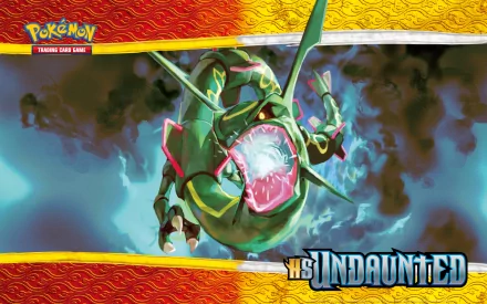 HD desktop wallpaper featuring Rayquaza from Pokémon, with vibrant colors and dynamic design. Tagged with Pokémon cards, video game, and the theme Undaunted.