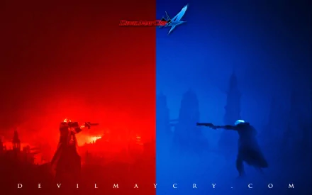 Dynamic HD wallpaper from Devil May Cry 4, featuring a striking split scene in red and blue, showcasing iconic characters in an atmospheric, action-packed setting.