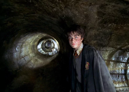 Harry Potter stands in the Chamber of Secrets in this HD wallpaper, with a mysterious tunnel in the background.