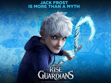 Jack Frost from the movie Rise of the Guardians wields his icy staff, set against a vibrant blue background, capturing the enchanting essence of winter and imagination.