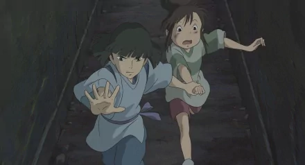 HD PC desktop wallpaper from the anime Spirited Away, featuring two characters running in a dark, narrow passageway with intense expressions.